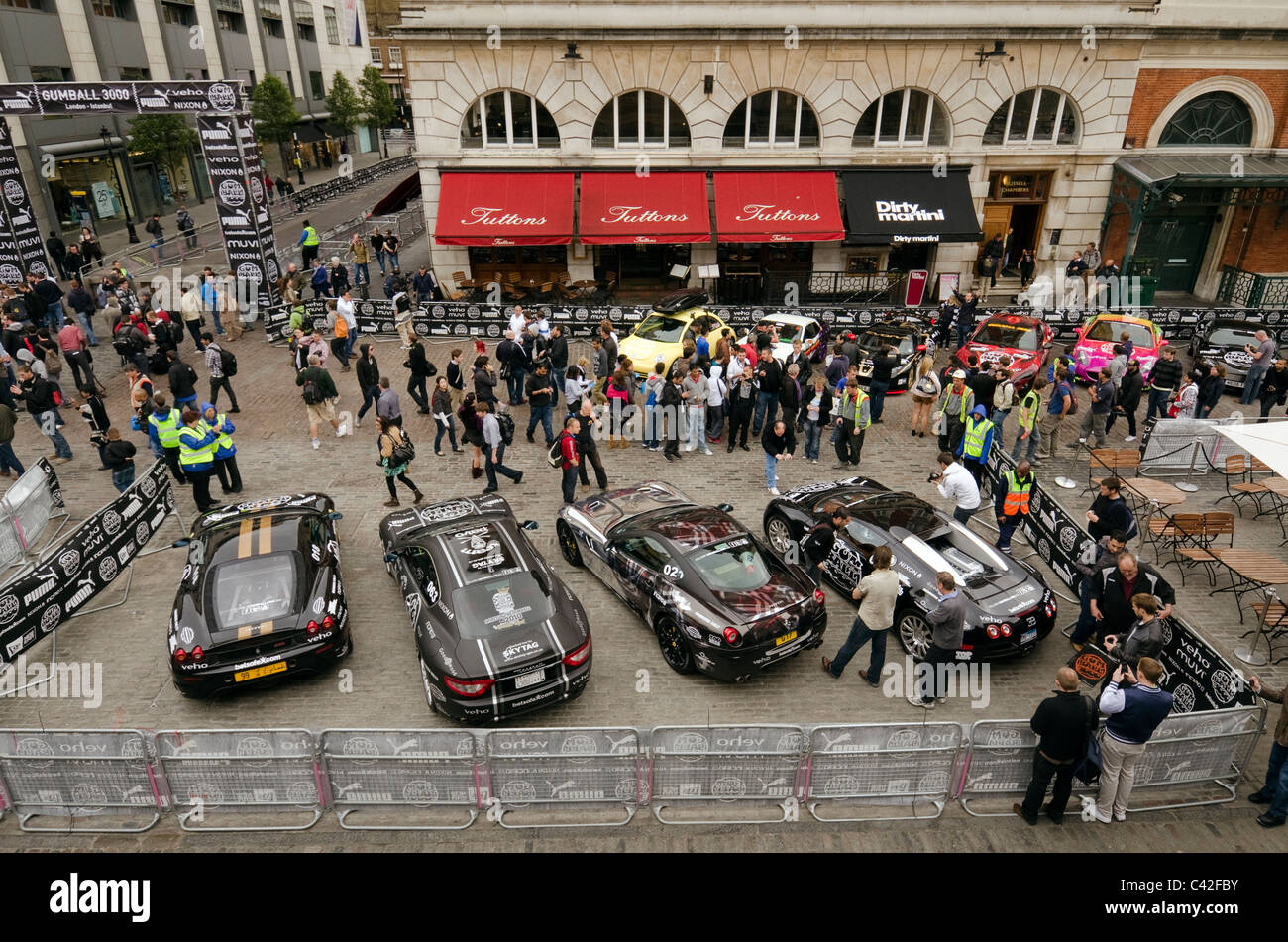 Aerial view of cars parked on Covent Garden Piazza at the start of the Gumball rally 3000 London UK Stock Photo