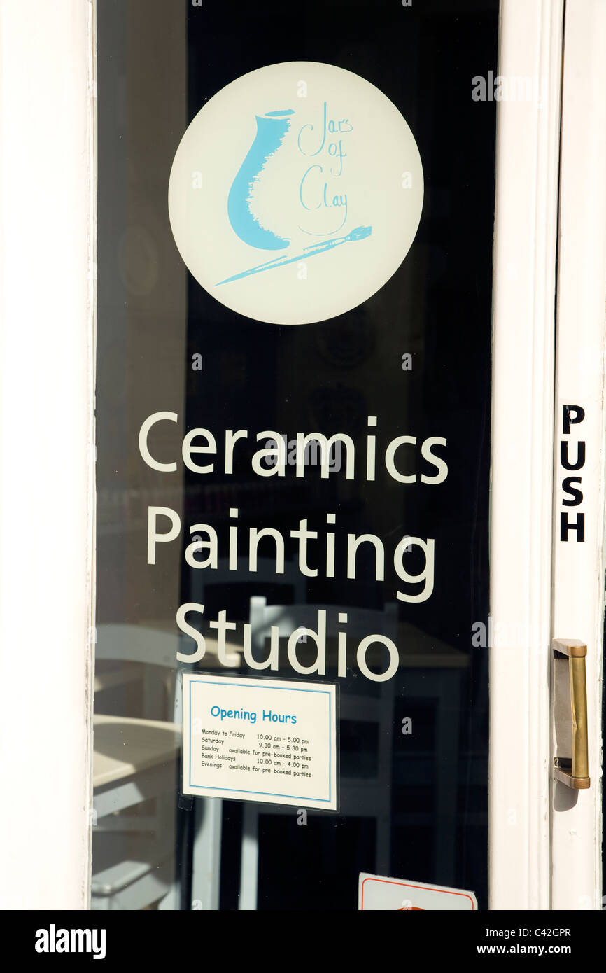 Glass window Ceramics Painting Studio, Woodbridge, Suffolk, England Stock Photo