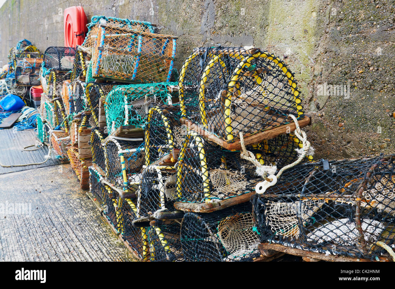 Lobster Pots on Findochty harbour side. Moray. Scotland. Stock Photo