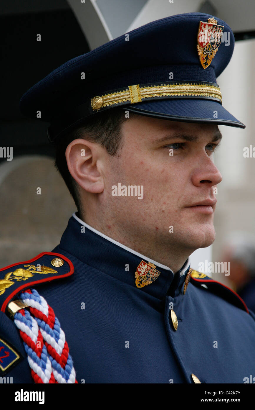 Portrait of a uniformed castle guard at the entrance of the Prague Castle in Prague, Czech Republic. Stock Photo