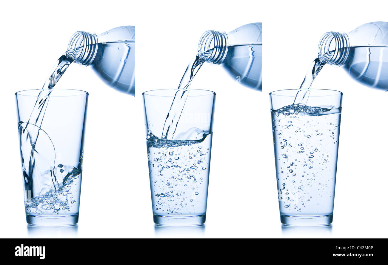 set of water pouring into glass on white background Stock Photo - Alamy