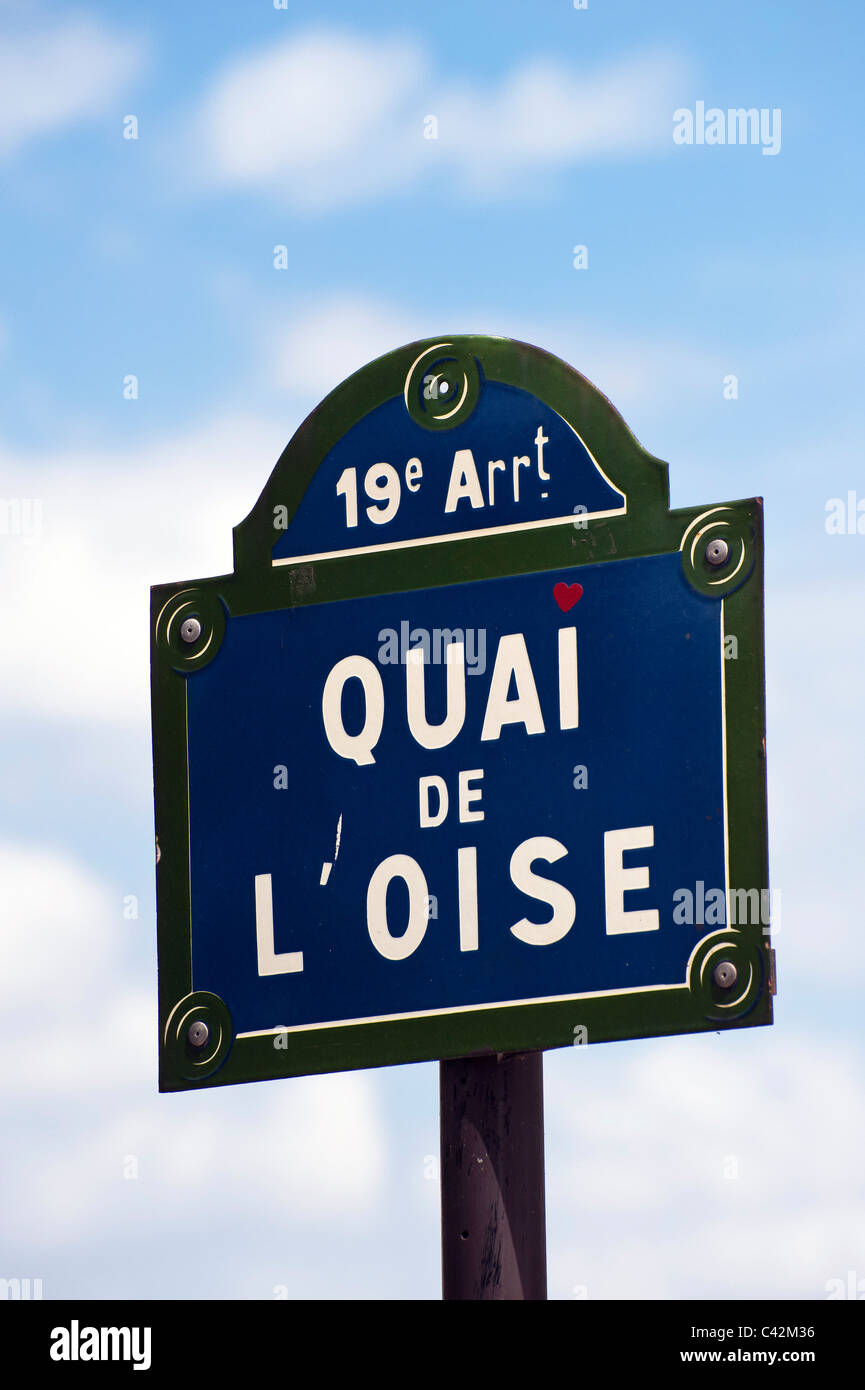 Sign for Qui de L'oise along the canal St-Martin in Paris Stock Photo