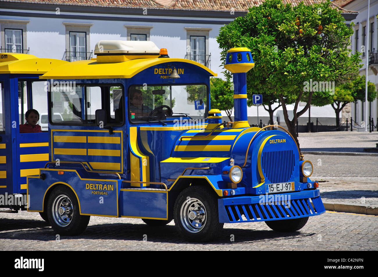 Electric tourist train, Largo da Se, Old Town, Faro, Algarve Region, Portugal Stock Photo