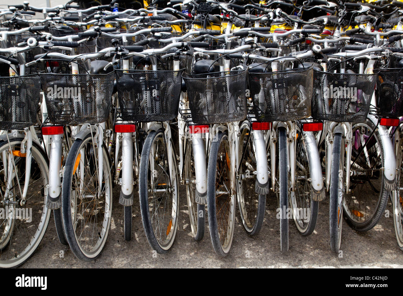 bicycles renting shop pattern rows parking in balearic islands Stock Photo