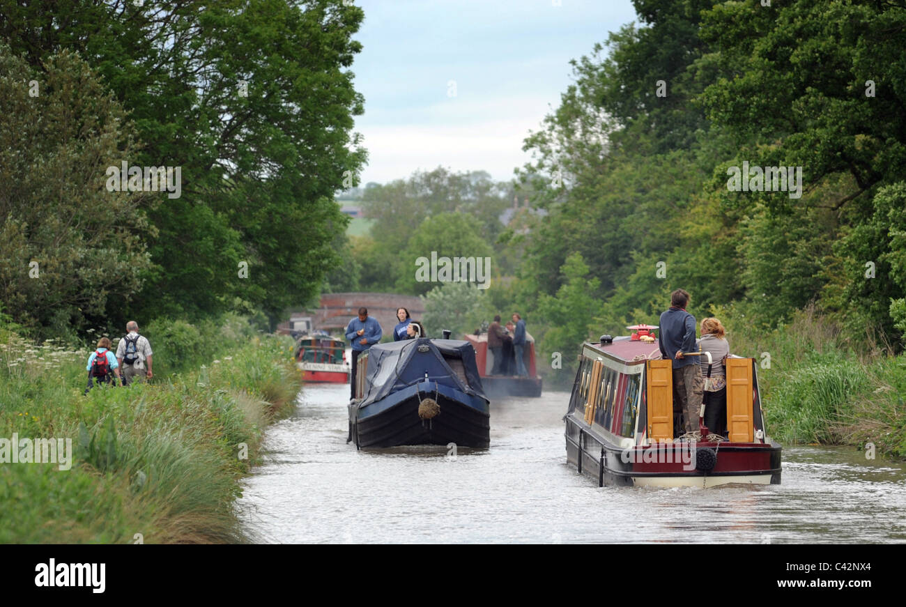 NARROWBOATERS  TRAVEL ON A BUSY BRITISH CANAL SYSTEM  WITH WALKERS. HOLIDAYS NARROWBOATS BARGES WATERWAYS HOLIDAYS IN BRITAIN UK Stock Photo