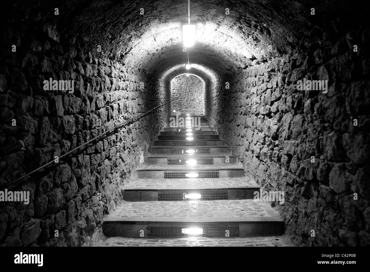 Ibiza island tunnel way up to the castle light effect Balearic Island Stock Photo