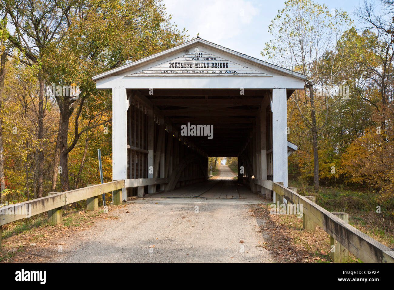 Portland Mills Covered Bridge, built in 1856 near Guion in Parke County, Indiana, USA Stock Photo