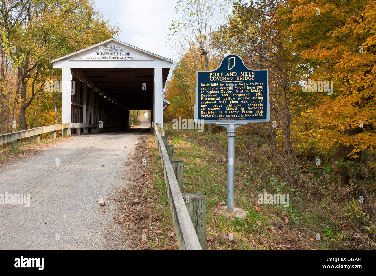 Portland Mills Covered Bridge, built in 1856 near Guion in Parke County, Indiana, USA Stock Photo