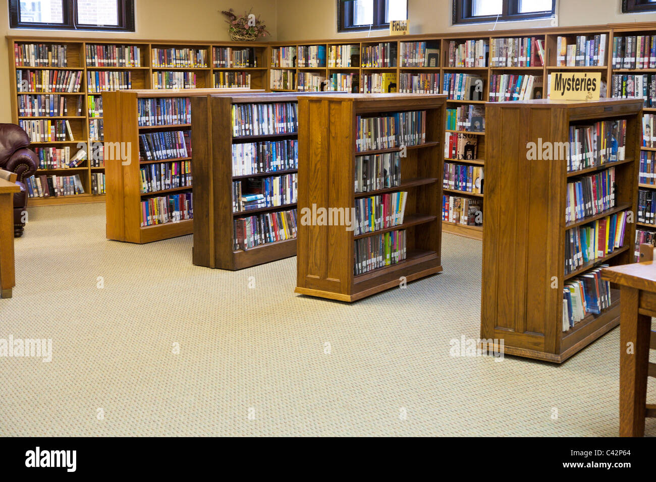 Books fill shelves at a small town library in Rockville, Indiana, USA Stock Photo