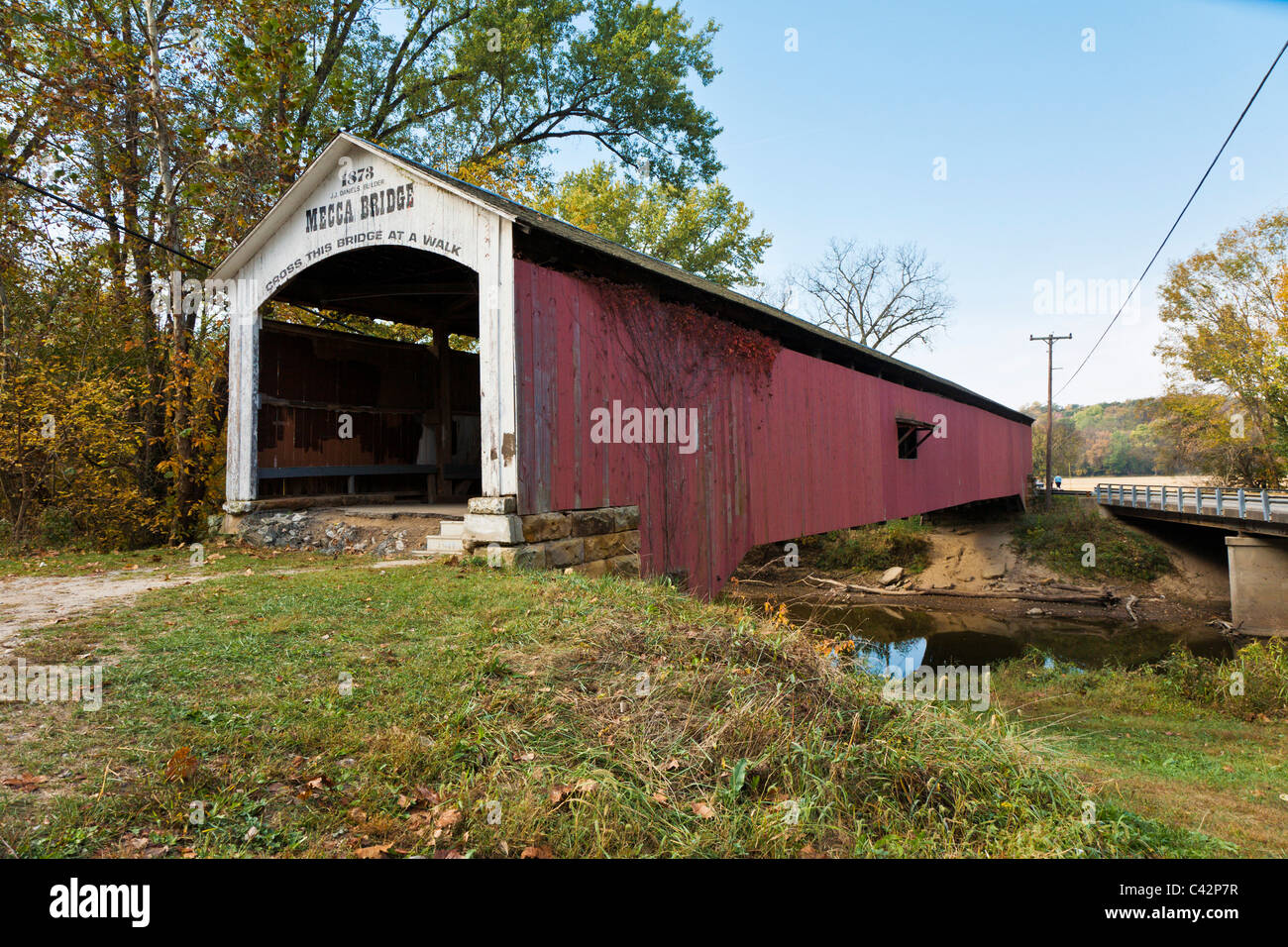 Mecca Covered Bridge was built in 1873 over Big Raccoon Creek at Mecca