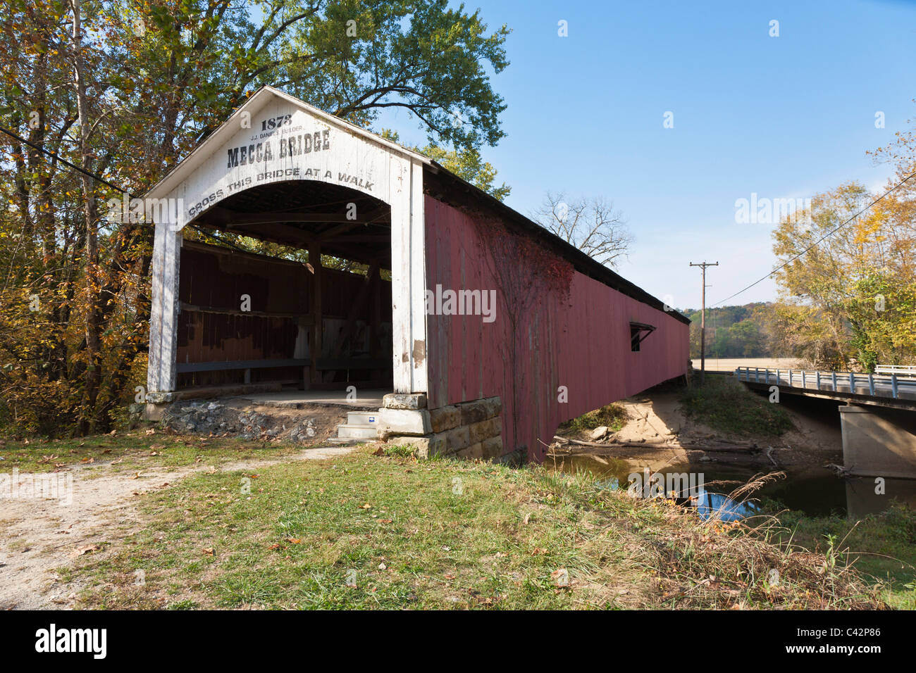 Mecca Covered Bridge was built in 1873 over Big Raccoon Creek at Mecca