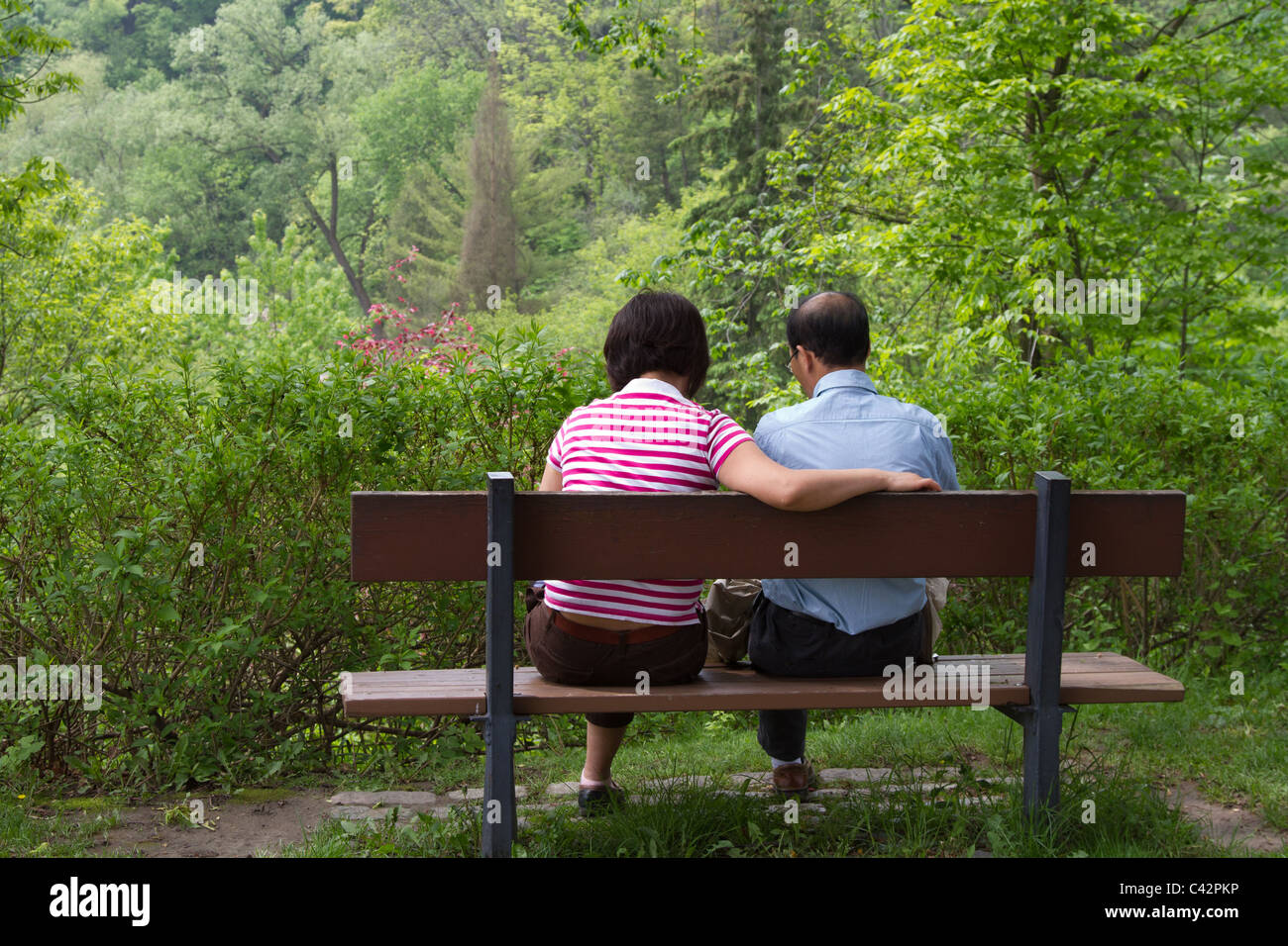 Asian senior retired couple relaxing bench park Stock Photo - Alamy