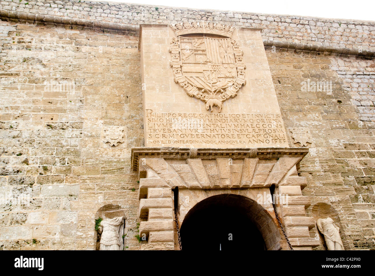 Ibiza balearic island Castle entrance door stone wall Stock Photo