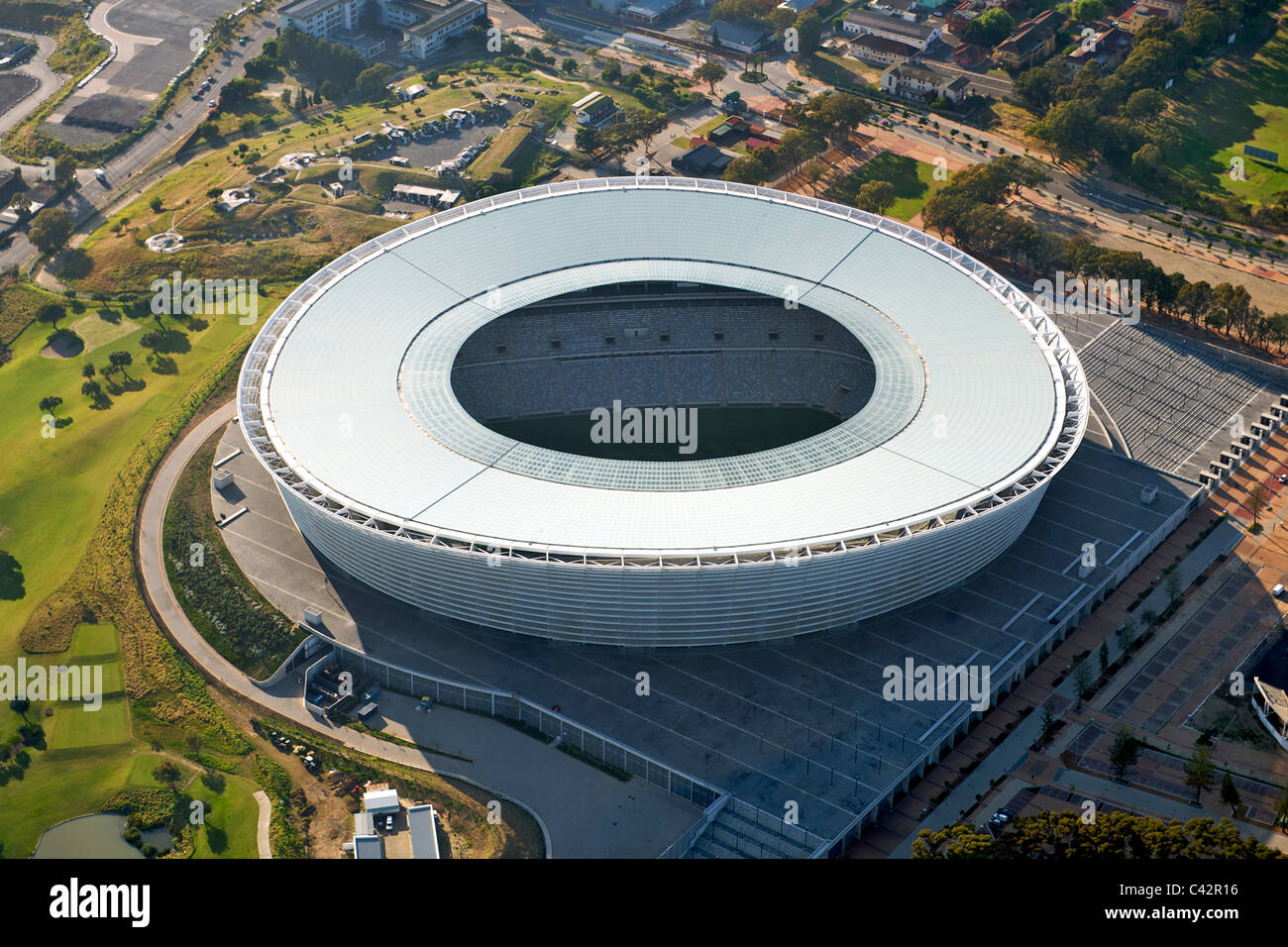 Aerial view of the Green Point stadium in Cape Town, South Africa. It was built for the FIFA 2010 world cup. Stock Photo