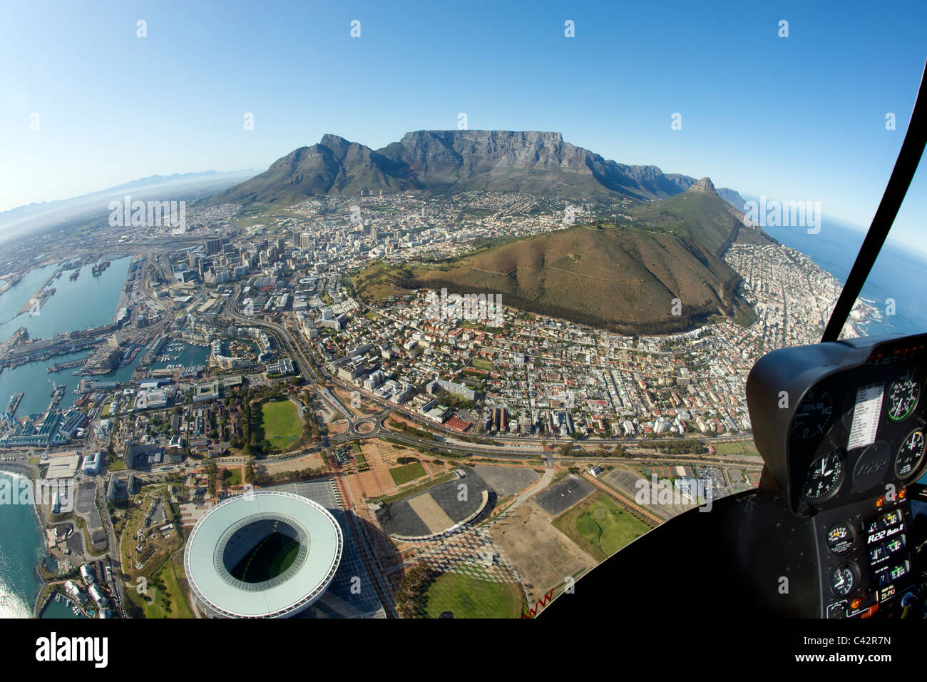 Aerial view of the city of Cape Town from the cockpit of a Robinson 22 helicopter. Stock Photo