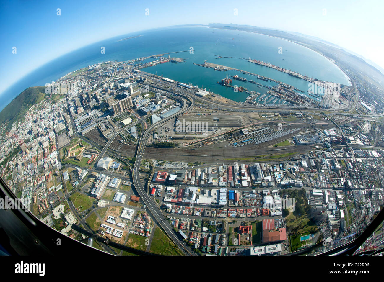 Fish-eye lens aerial view of the city of Cape Town in South Africa. Stock Photo