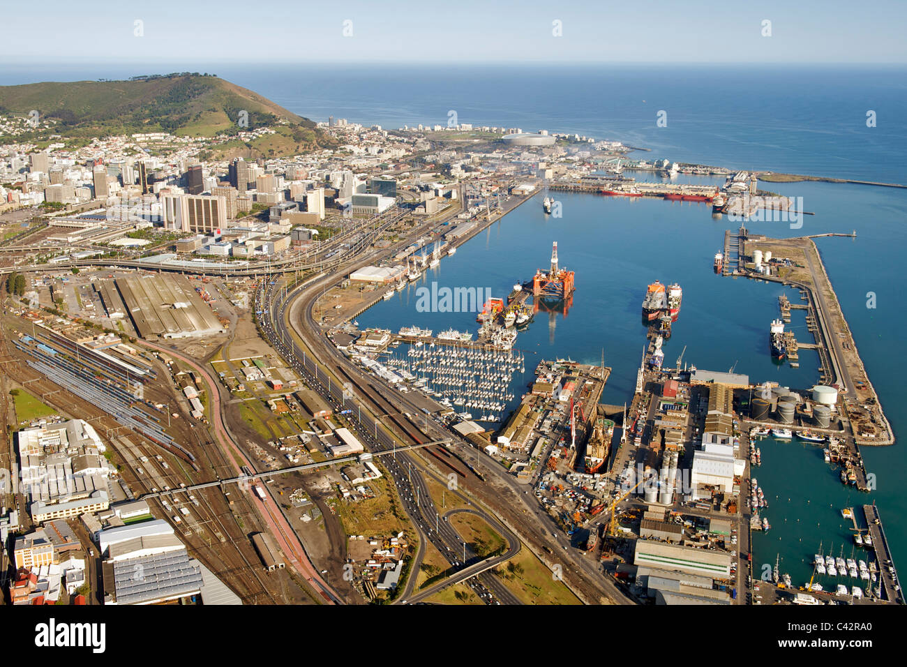 Aerial view of Table Bay harbour and parts of the CBD in Cape Town, South Africa. Stock Photo