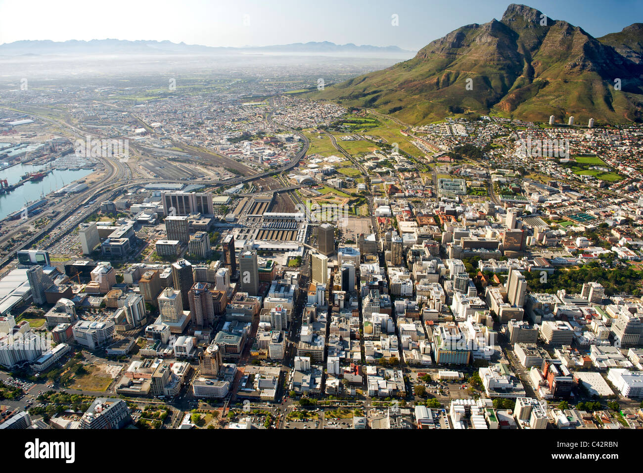 Aerial view of the buildings of the CBD in Cape Town, South Africa. Stock Photo