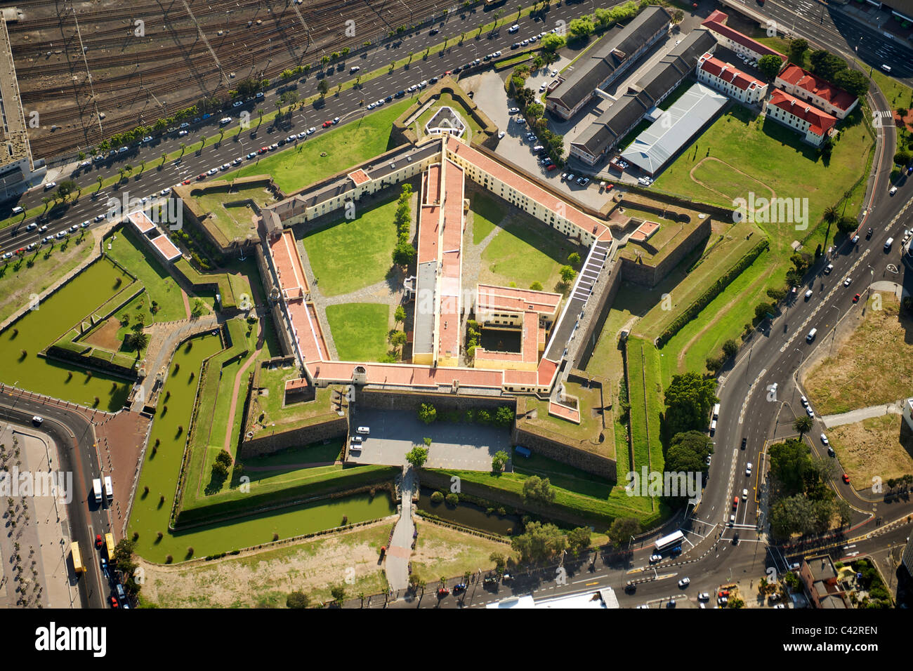 Aerial view of the Castle in Cape Town, South Africa. It was built by the Dutch who settled the Cape in the mid 17th century. Stock Photo