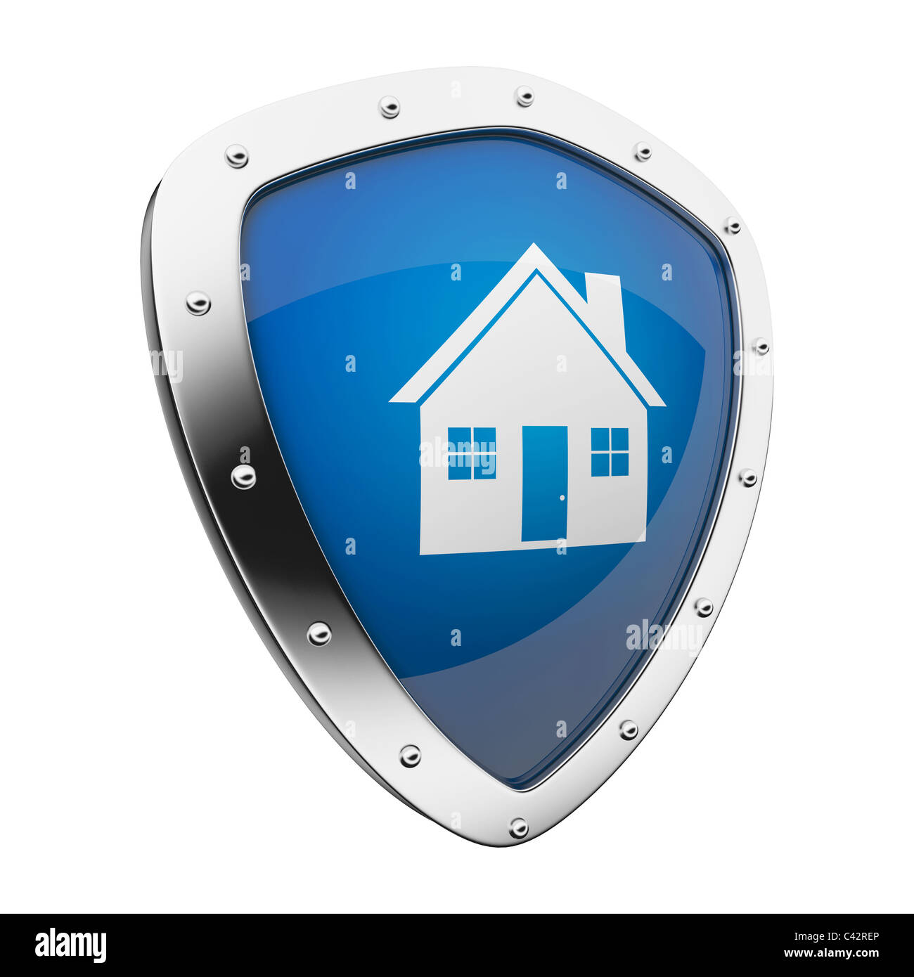 House Use Shield Silver shield with a home/house symbol on blue background Stock Photo ...