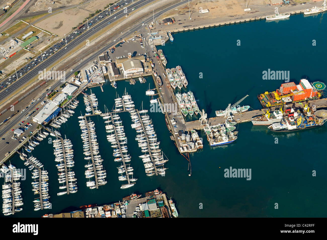 Aerial view of the Royal Cape Yacht club in Cape Town harbour. Stock Photo