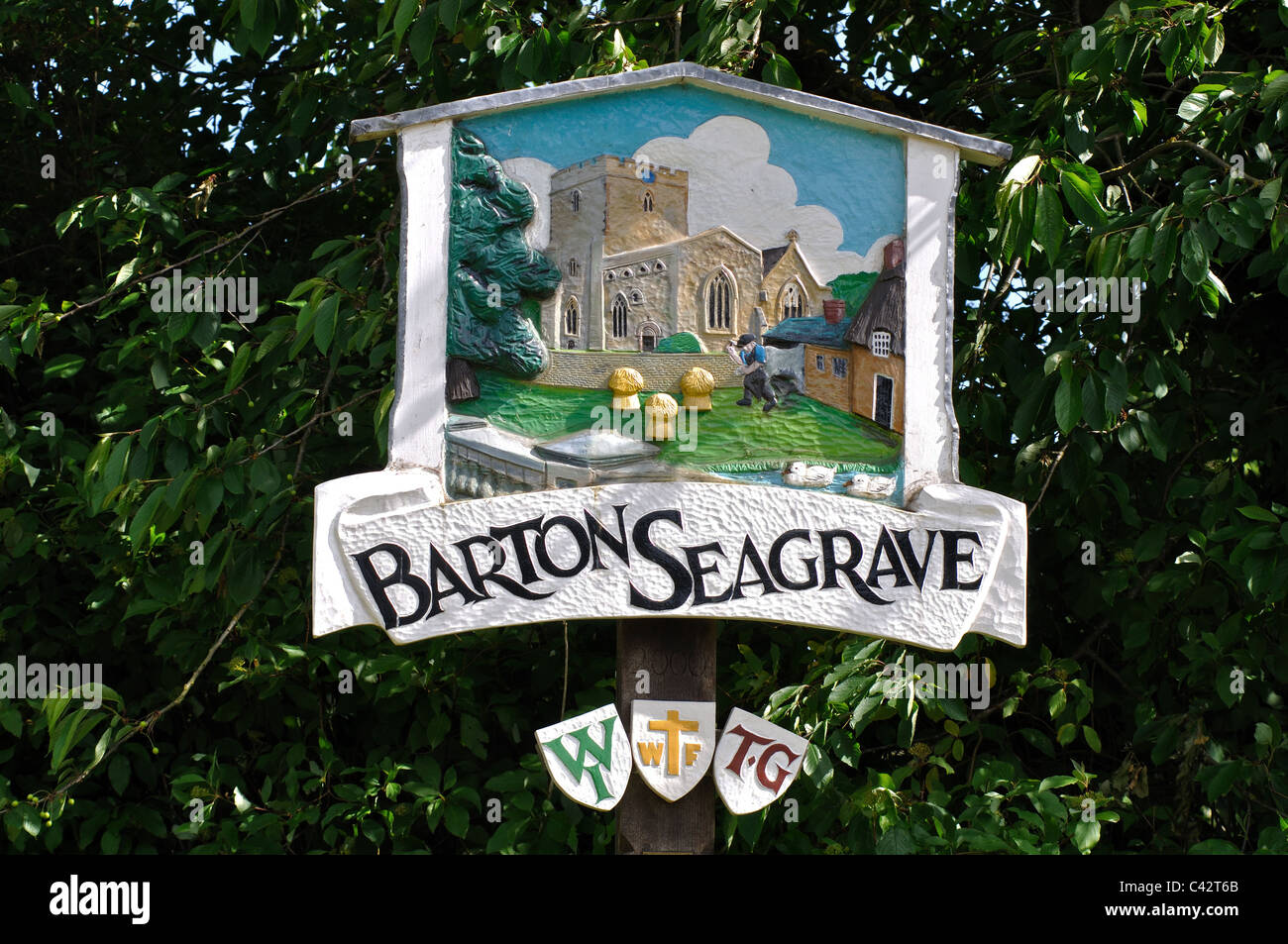 Barton Seagrave village sign, Northamptonshire, England, UK Stock Photo