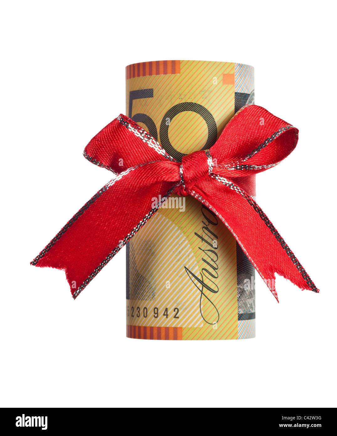 Fifty Australian Dollars Wrapped By Ribbon Isolated On White Background