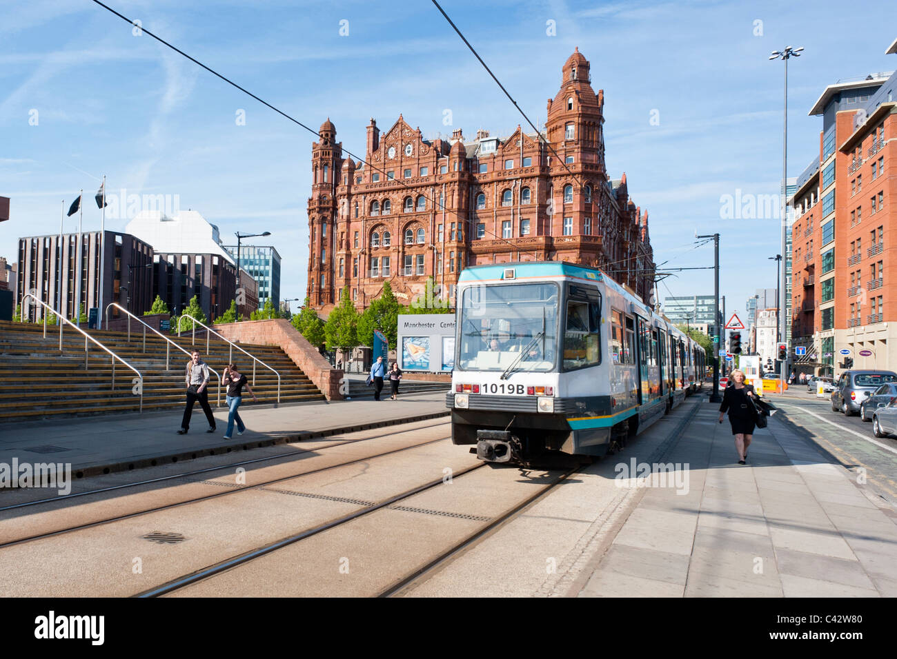 Metro Tram passing the Midland Hotel in Manchester. Stock Photo