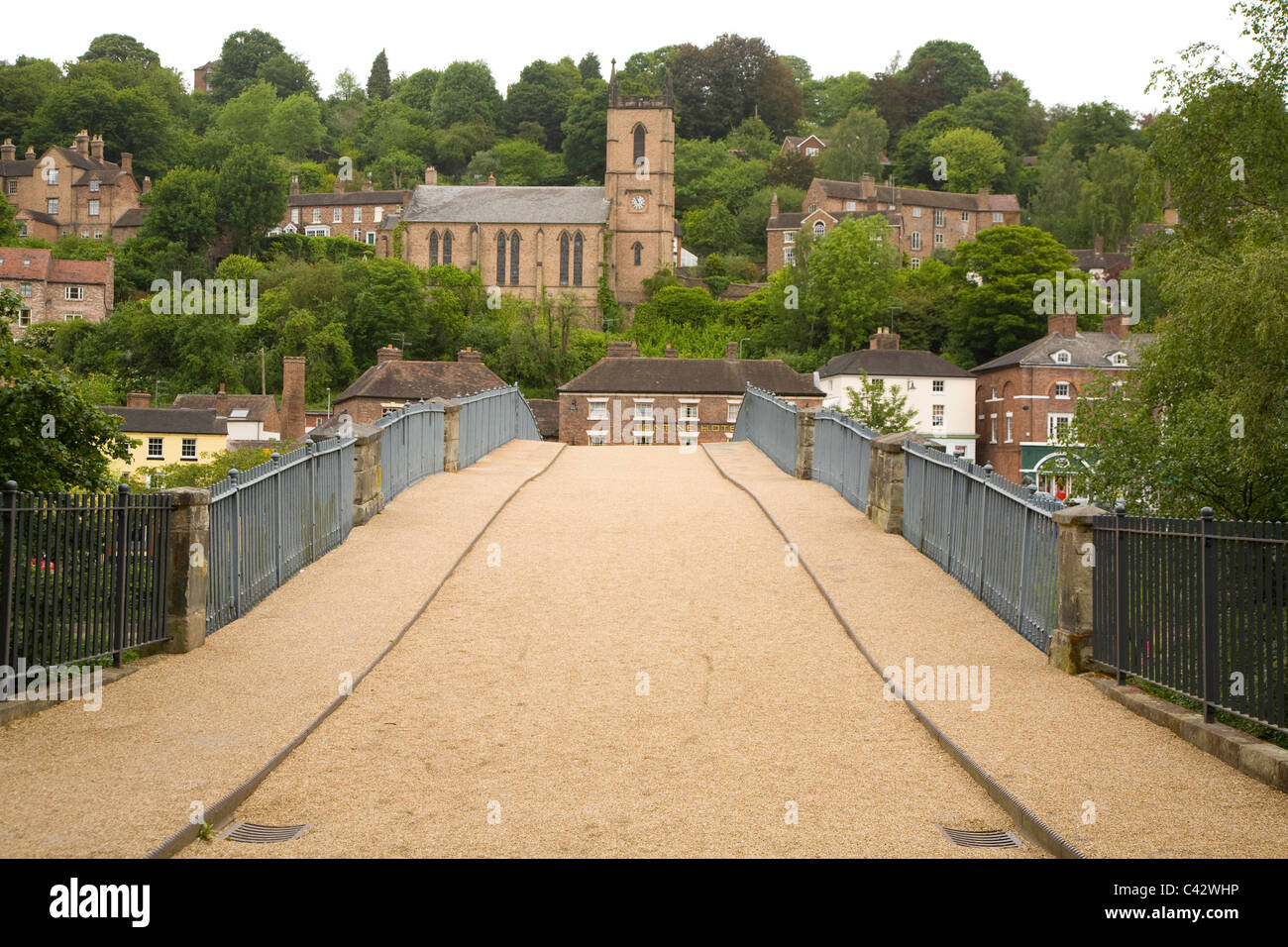View looking across the iron bridge in Ironbridge, Shropshire, England. Stock Photo