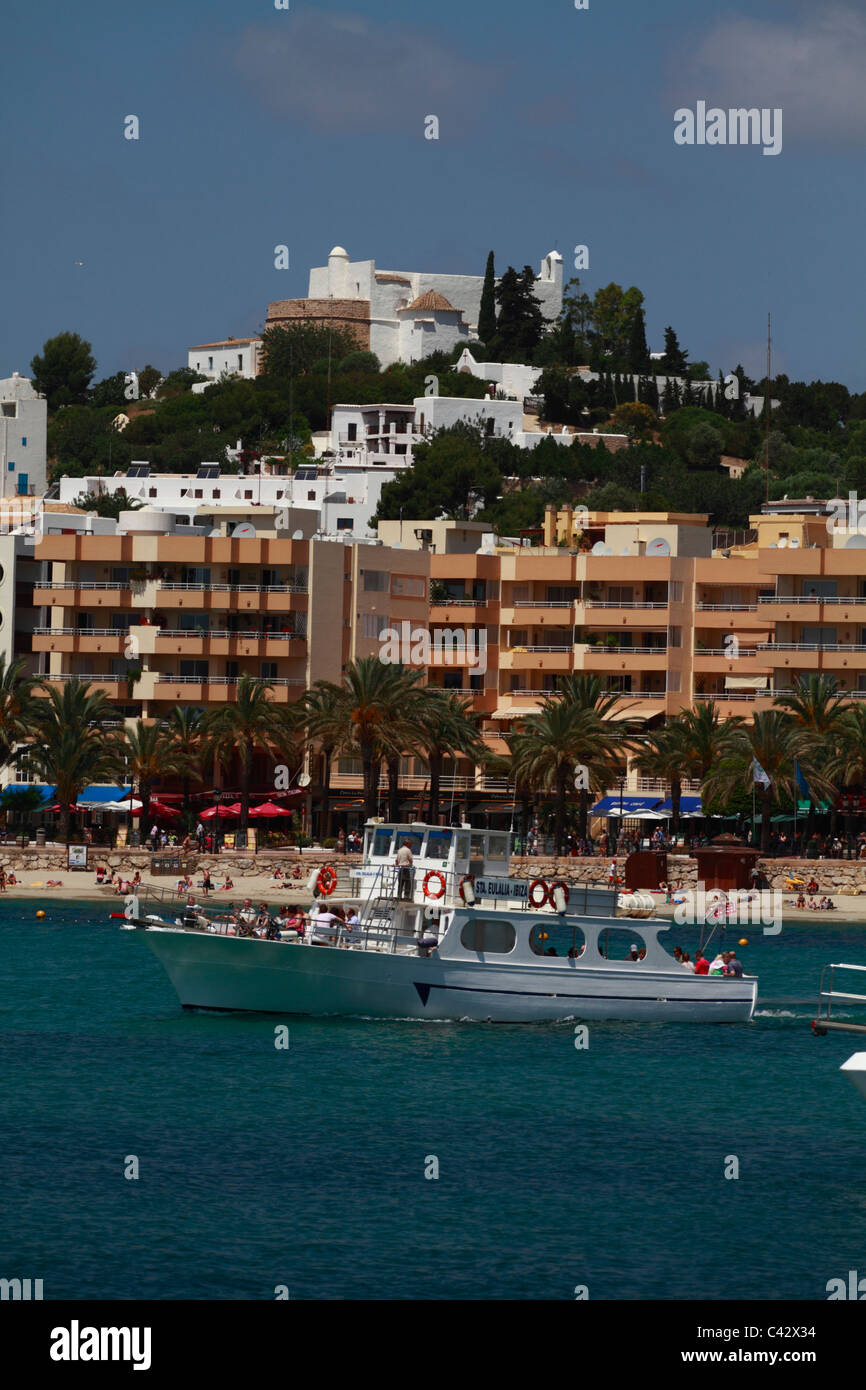 Ferryboat crossing the bay of Santa Eulalia, Ibiza, Spain Stock Photo