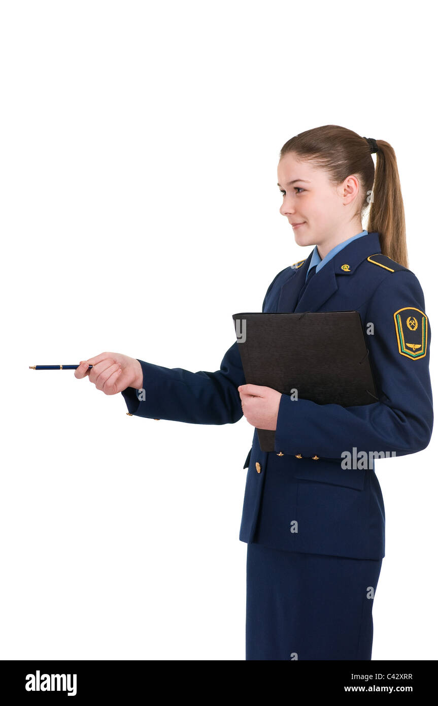 girl in the uniform of the railway with a folder Stock Photo