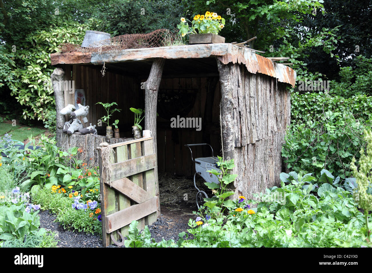 garden shed in A Child's Garden in Wales, Artisan Garden, Chelsea Flower Show 2011 Stock Photo
