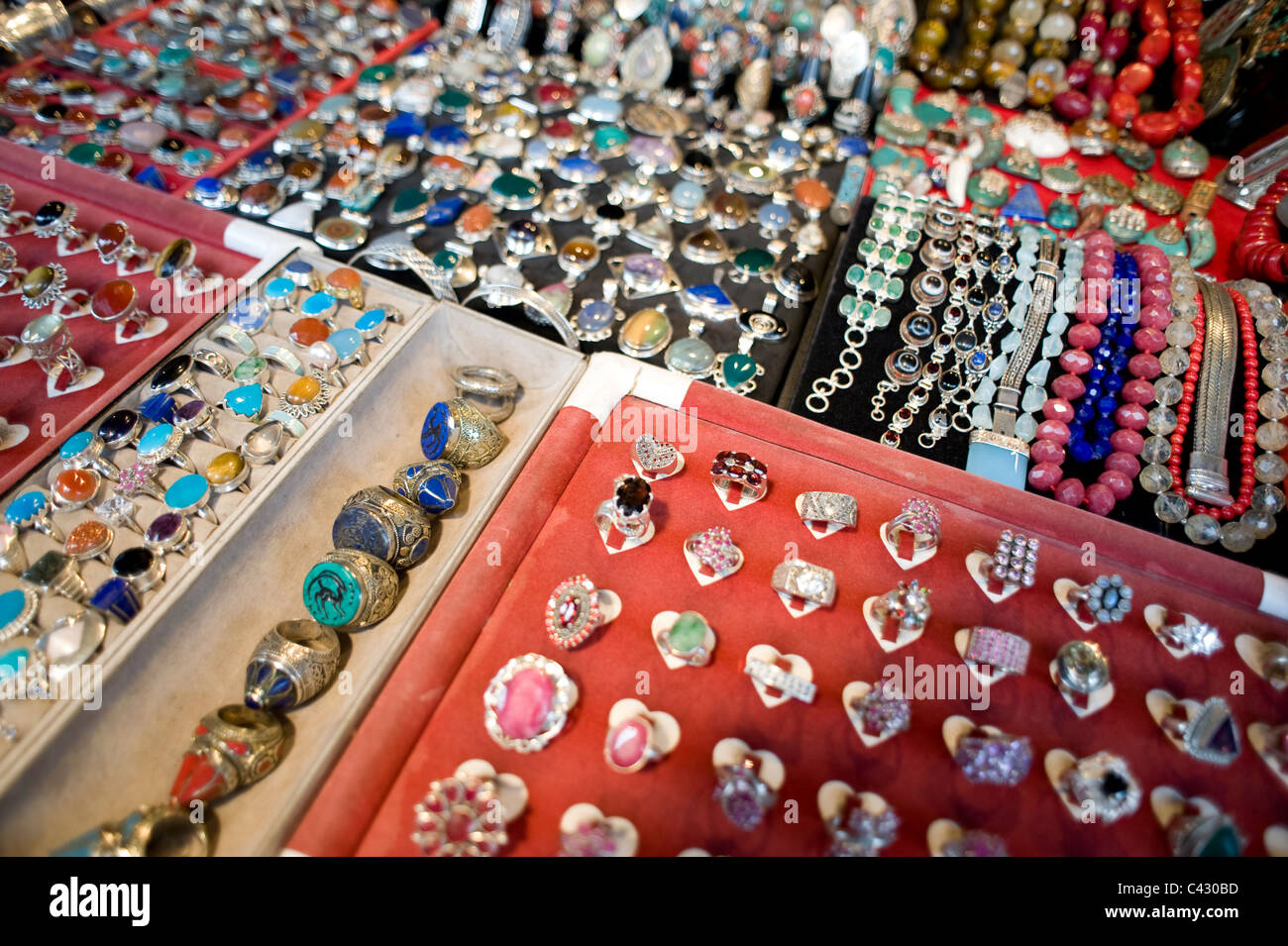 Hand-crafted jewellery on a market stall on Portobello Road, Notting Hill, London. Stock Photo