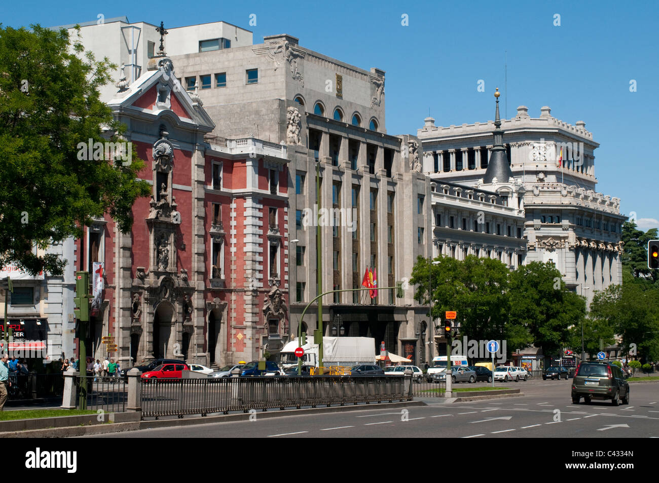 Calle de Alcala with church and Art Deco building, Madrid, Spain Stock Photo