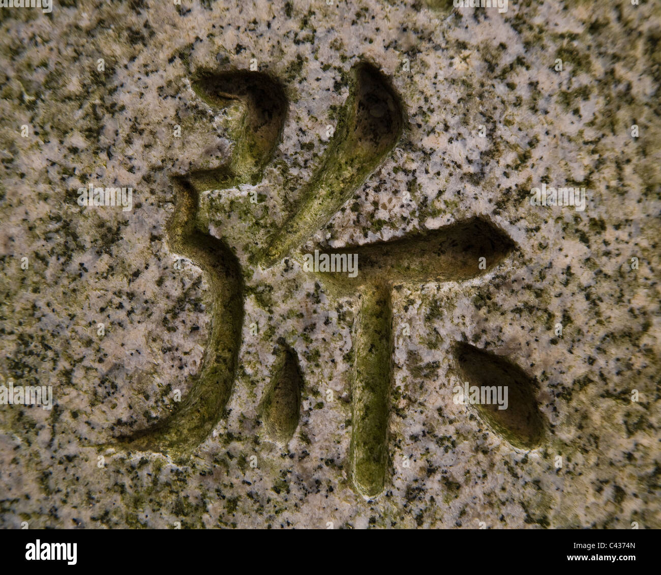 A Japanese kanji character is engraved in granite on a grave marker
