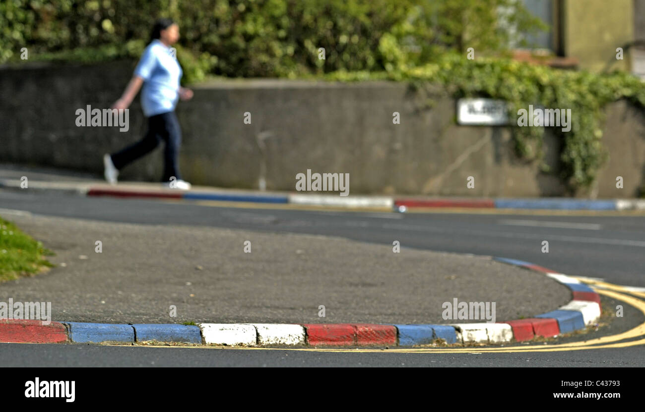 Red, white and Blue painted kerbstones seen in the streets of Northern