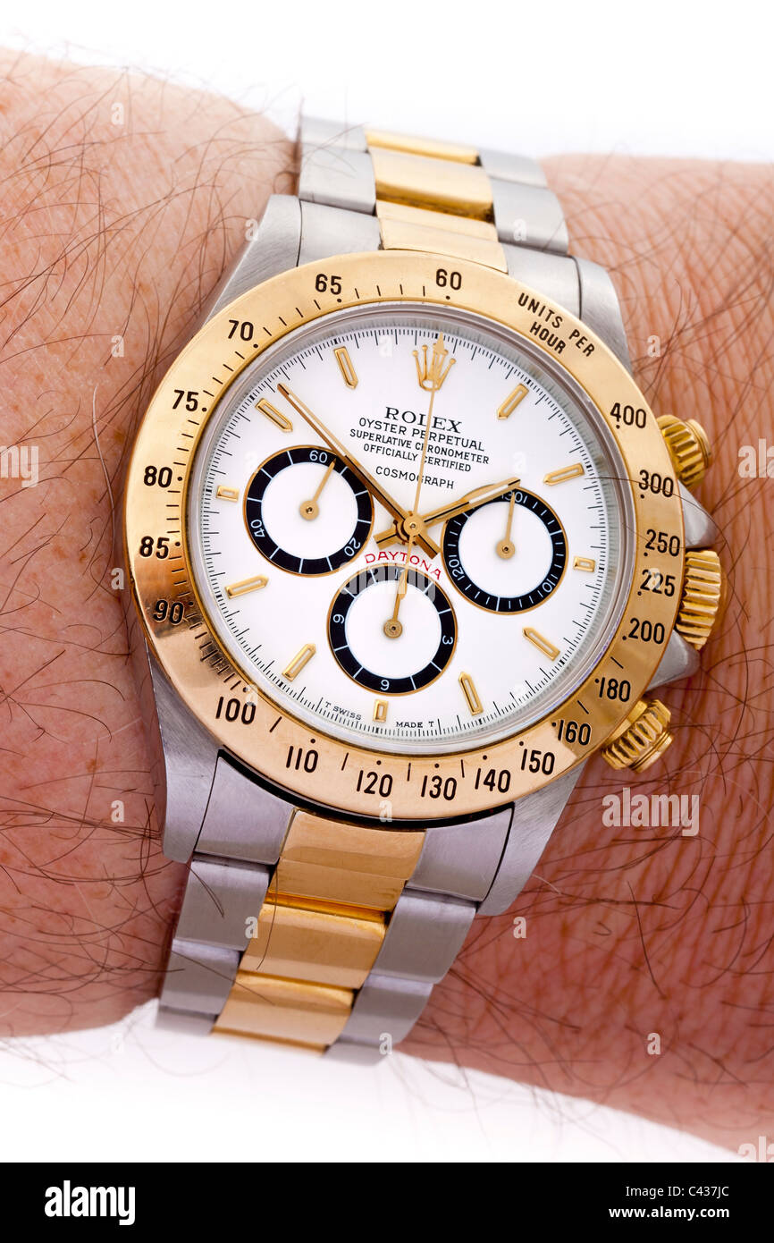 Rolex Daytona Cosmograph Oyster Perpetual Chronometer 18k gold and steel Swiss chronograph wrist watch with white dial JMH4907 Stock Photo