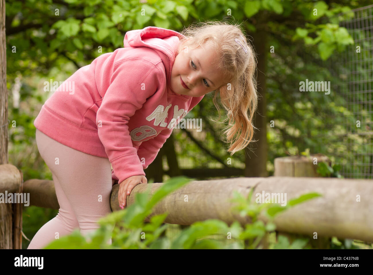 Little girl climbing over a fence Stock Photo Alamy