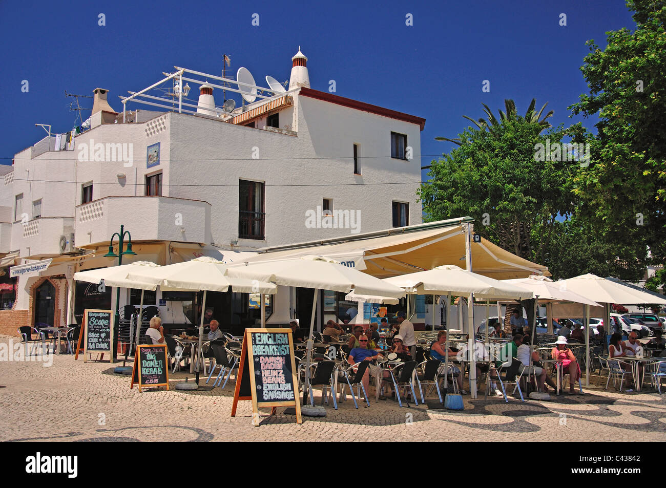 Beachfront restaurant, Praia da Luz, Algarve Region, Portugal Stock Photo
