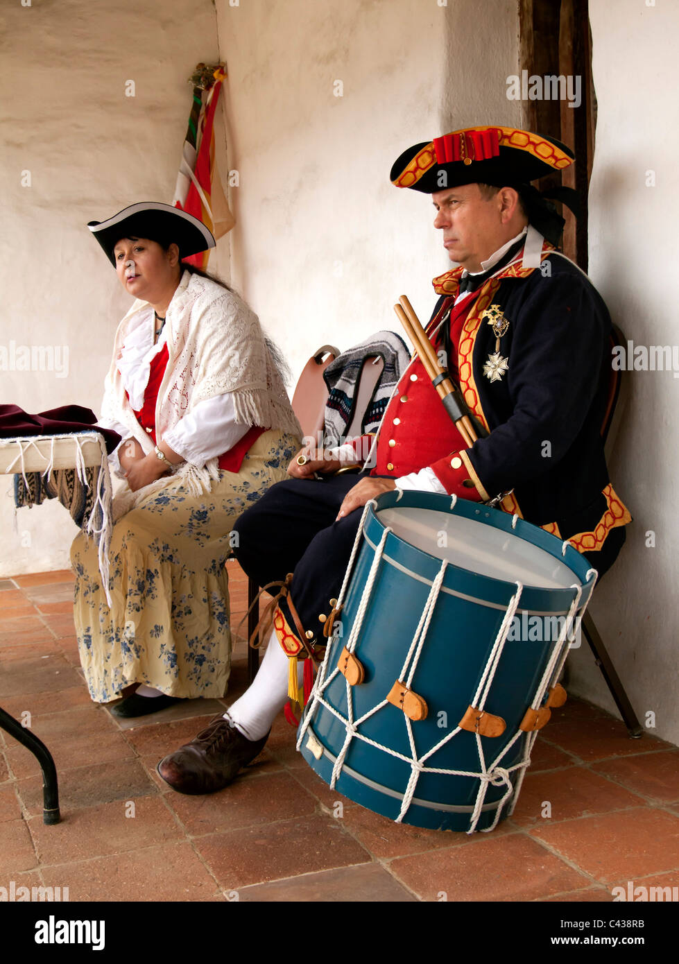 Male and female French Reenactors in  costumes at Presidio de Santa Barbara during Cinco de Mayo celebration Stock Photo