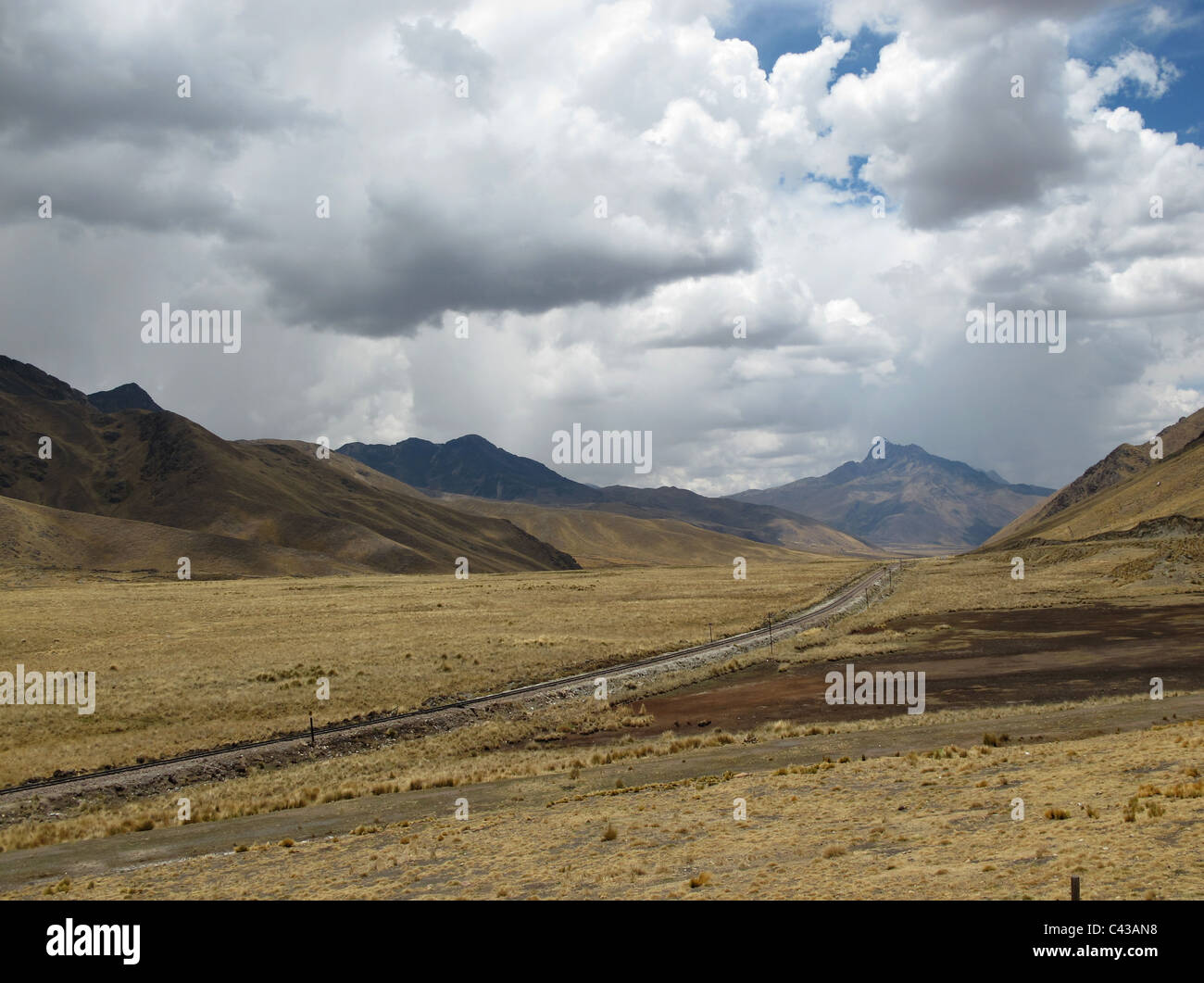 Railway track from Puno to Cusco, Andes mountain range and pampa Stock Photo