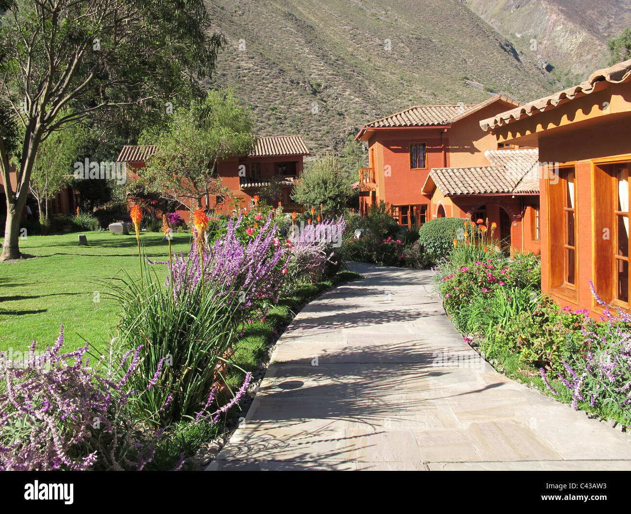 Palaritampu hotel garden, Ollantaytambo near Cusco, Peru Stock Photo