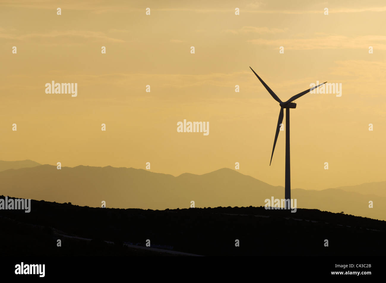 Wind power aerogenerator skyline at dusk; Fuendetodos; Spain Stock Photo
