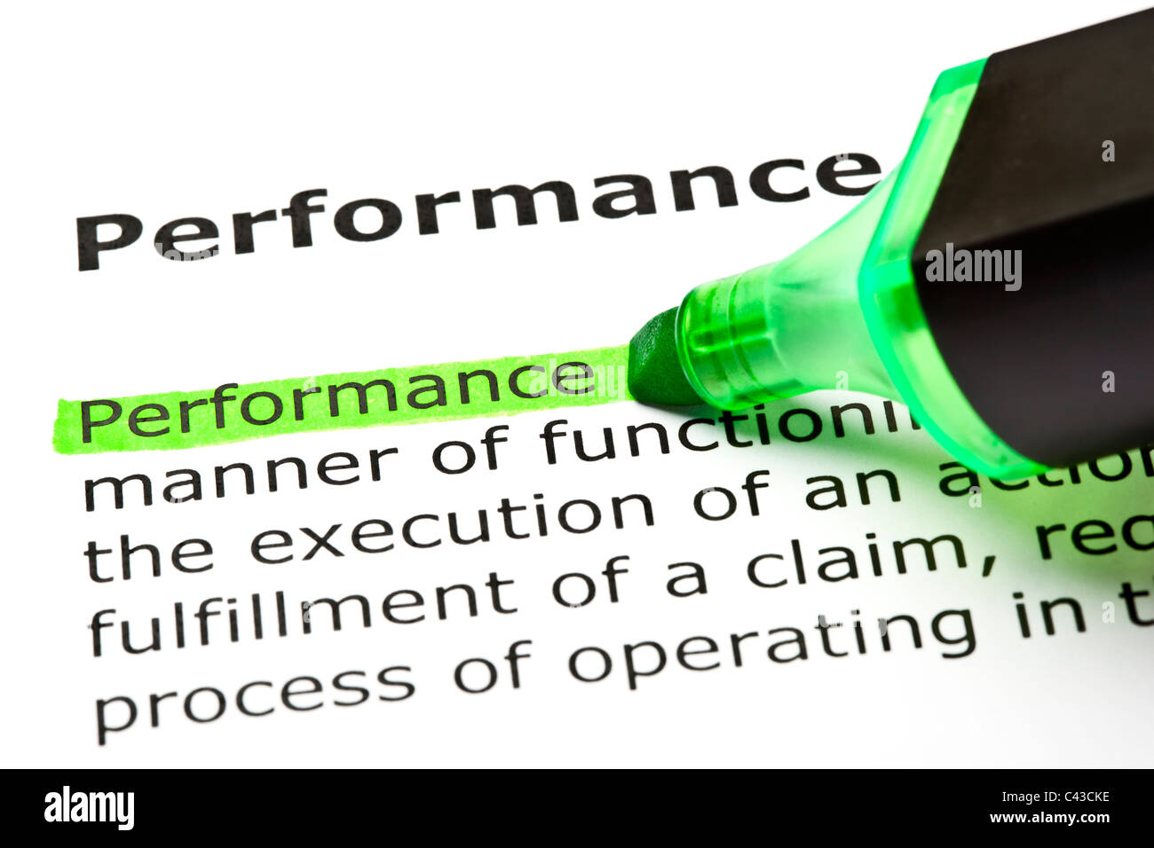 The word 'Performance' highlighted in green with felt tip pen Stock Photo