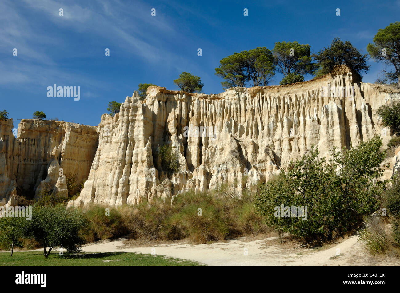 Hoodoos or Fairy Chimneys & Eroded or Weathered Formations known as 'Les Orgues'  Ille-sur-Têt or Ille sur Tet Pyrenées-Orientales France Stock Photo