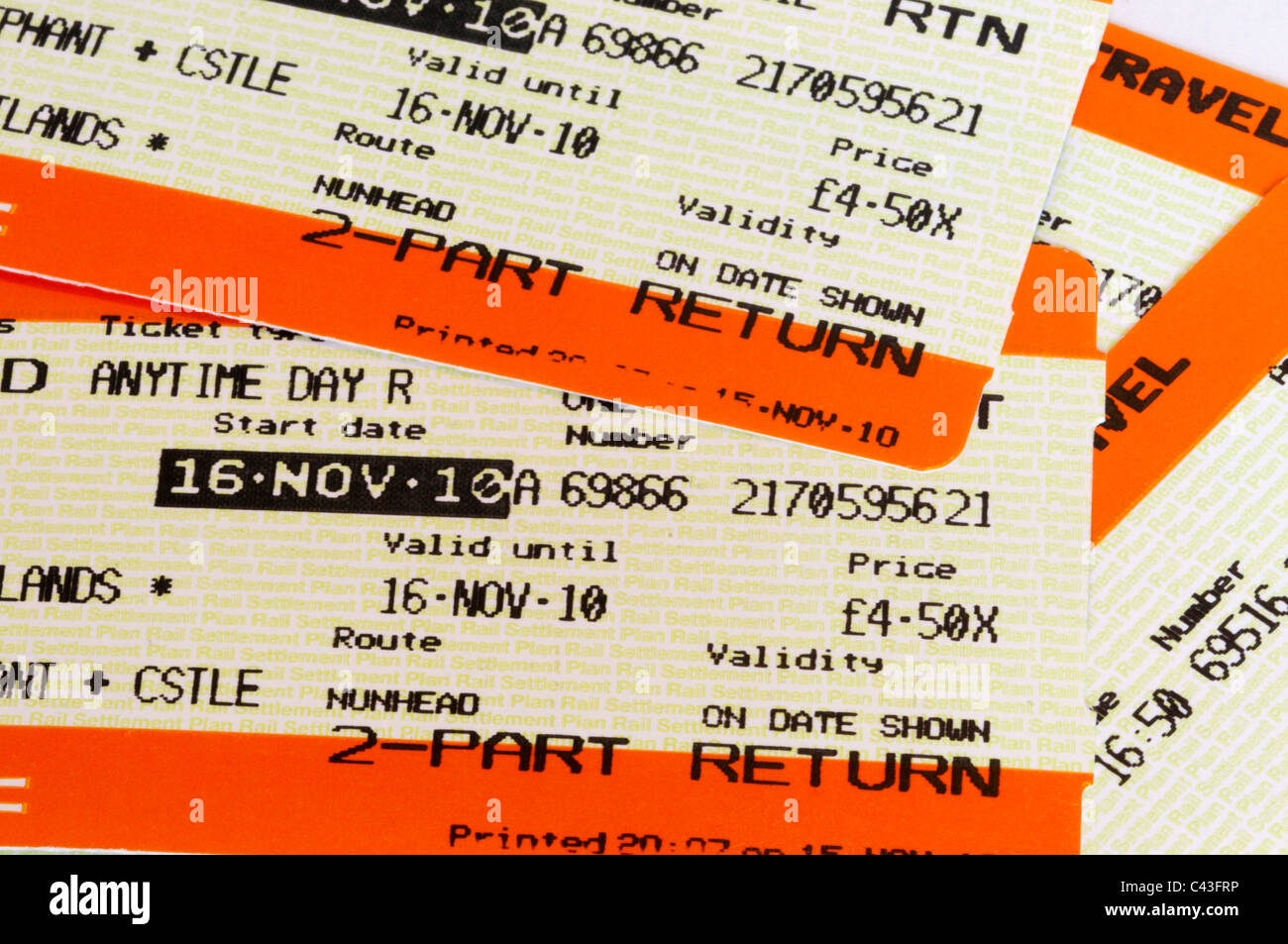 A number of Return rail tickets Stock Photo