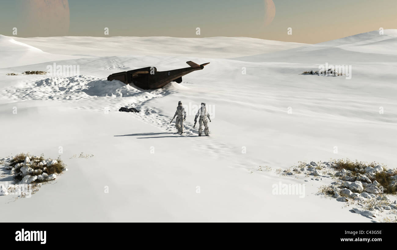 Space Marines - crash landing in the snow Stock Photo