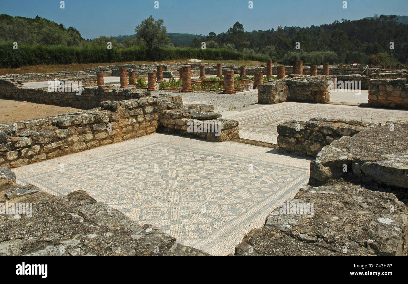 Ancient floor mosaic in the ruins of the Roman settlement of Conimbriga located in Condeixa-a-Nova also known as Condeixa, a town and a municipality in the district of Coimbra, Portugal Stock Photo