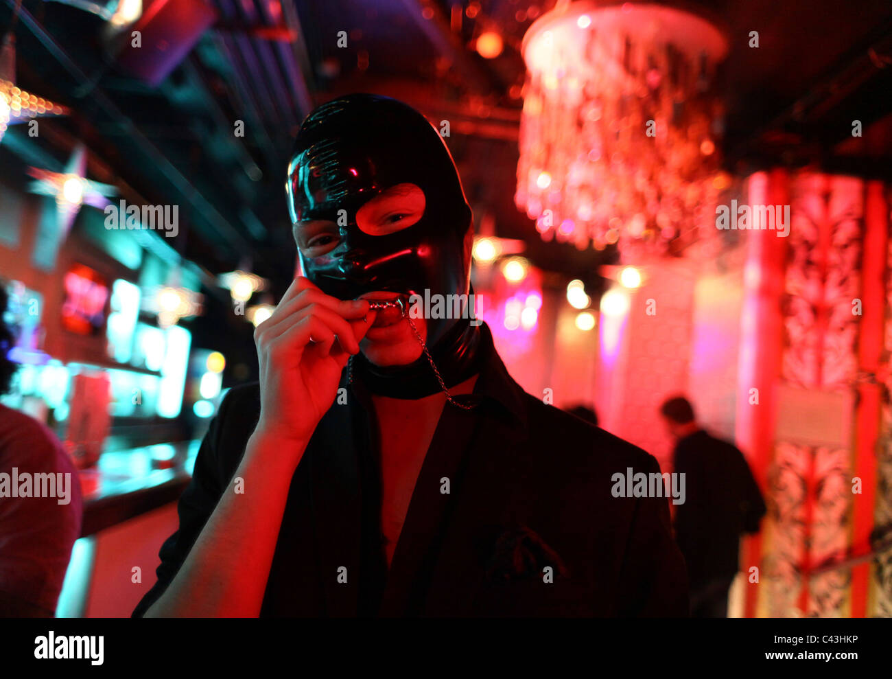 Young man wears leather mask in Radost Fx nightclub in New Town district Nove Mesto Prague Czech Republic Stock Photo