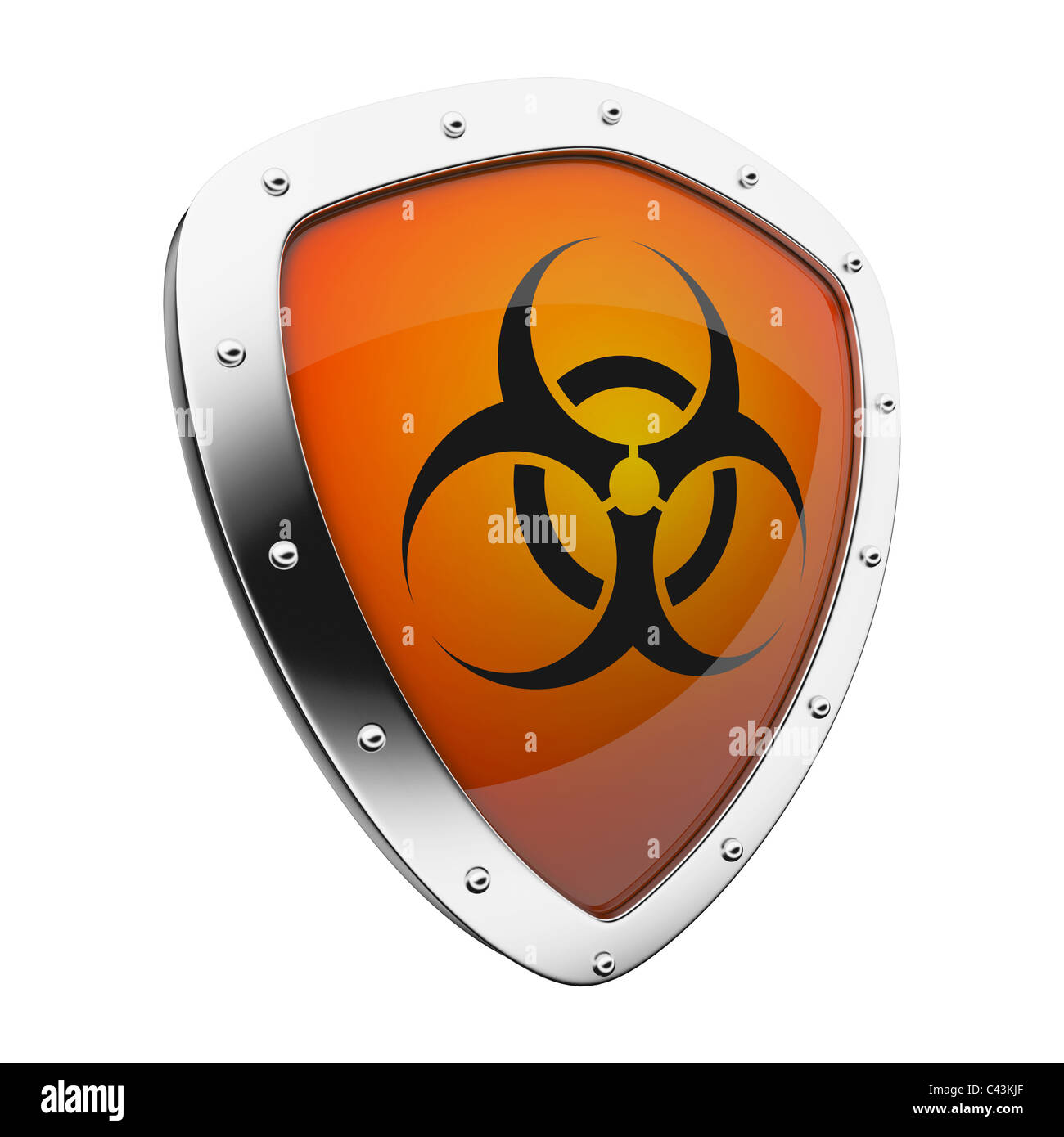 Silver shield with a biohazard symbol on an orange background. Stock Photo
